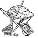 wheelbarrow and rake for cleanup day